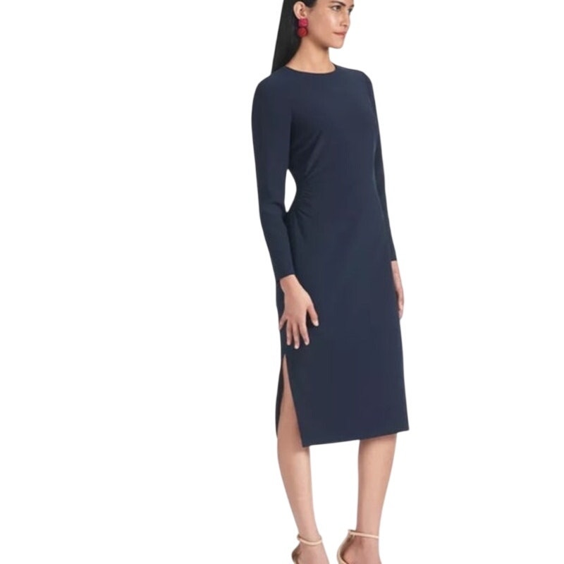Sachin & Babi Dee Gathered Midi Dress Womens 14 Navy Blue Long Sleeve Stretch